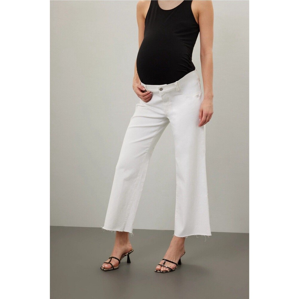 PAIGE Anessa Maternity Wide Leg Raw Hem Jeans White Denim Side Panel Size 10